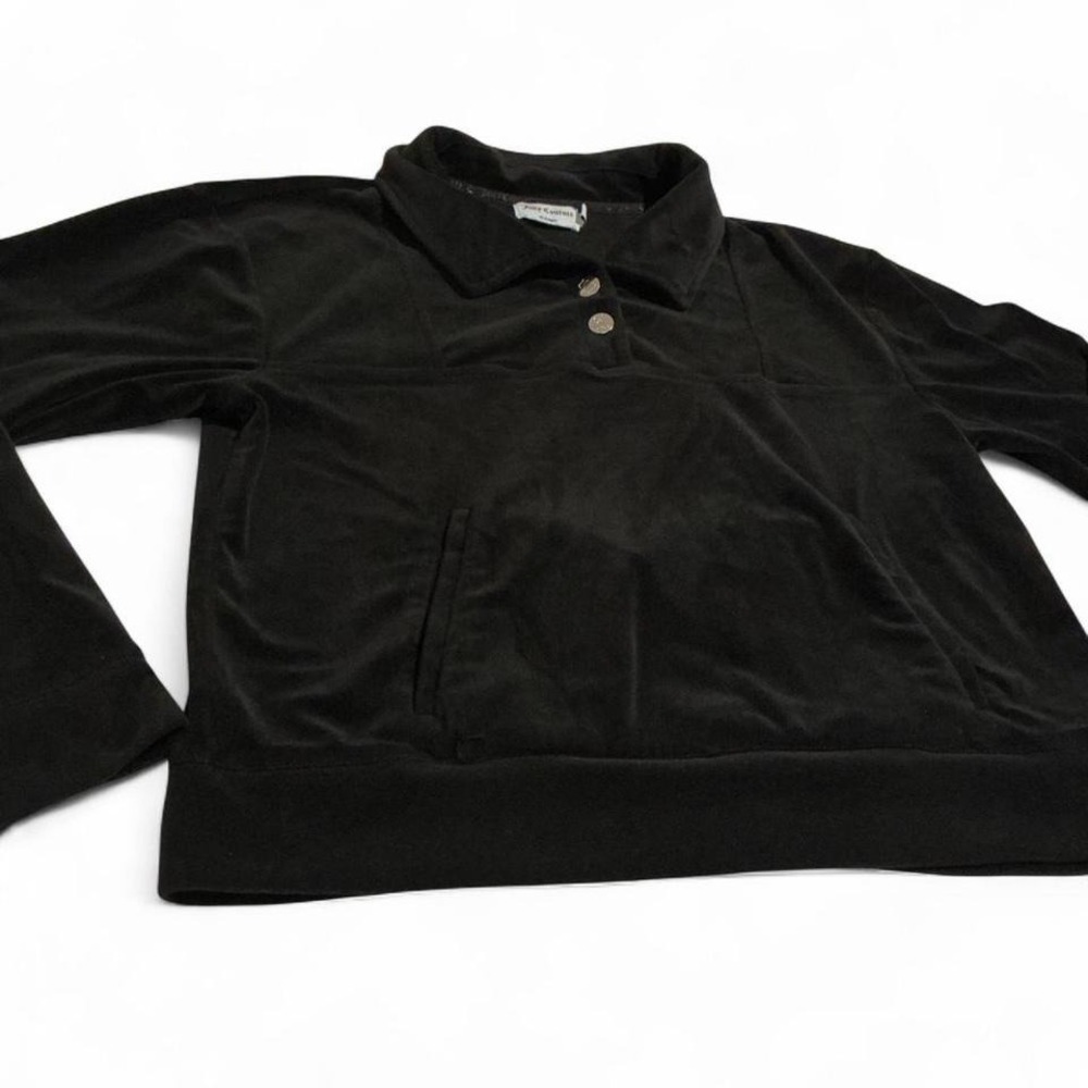 Juicy Couture Velour Pullover Women L Black Excellent Collared Logo Button Top